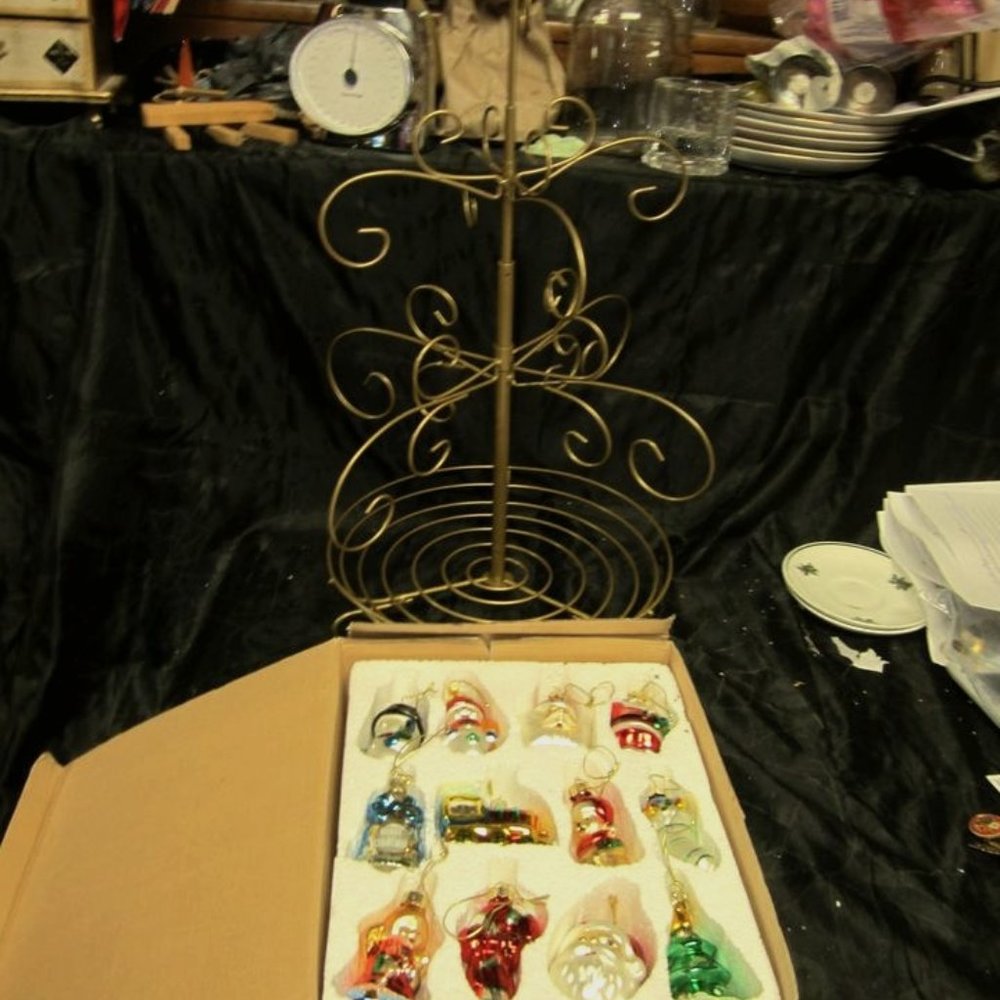 90'S METAL TREE WITH GLASS ORNAMENTS OF DIFFERENT CHRISTMAS SHAPES IN BOXES